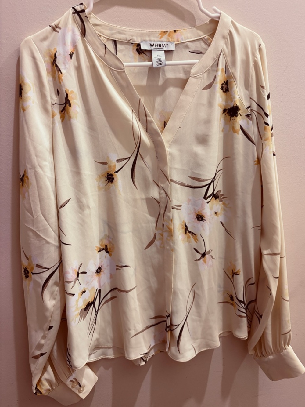 White House Black Market yellow Floral V-Neck Blouse with Yellow Accents